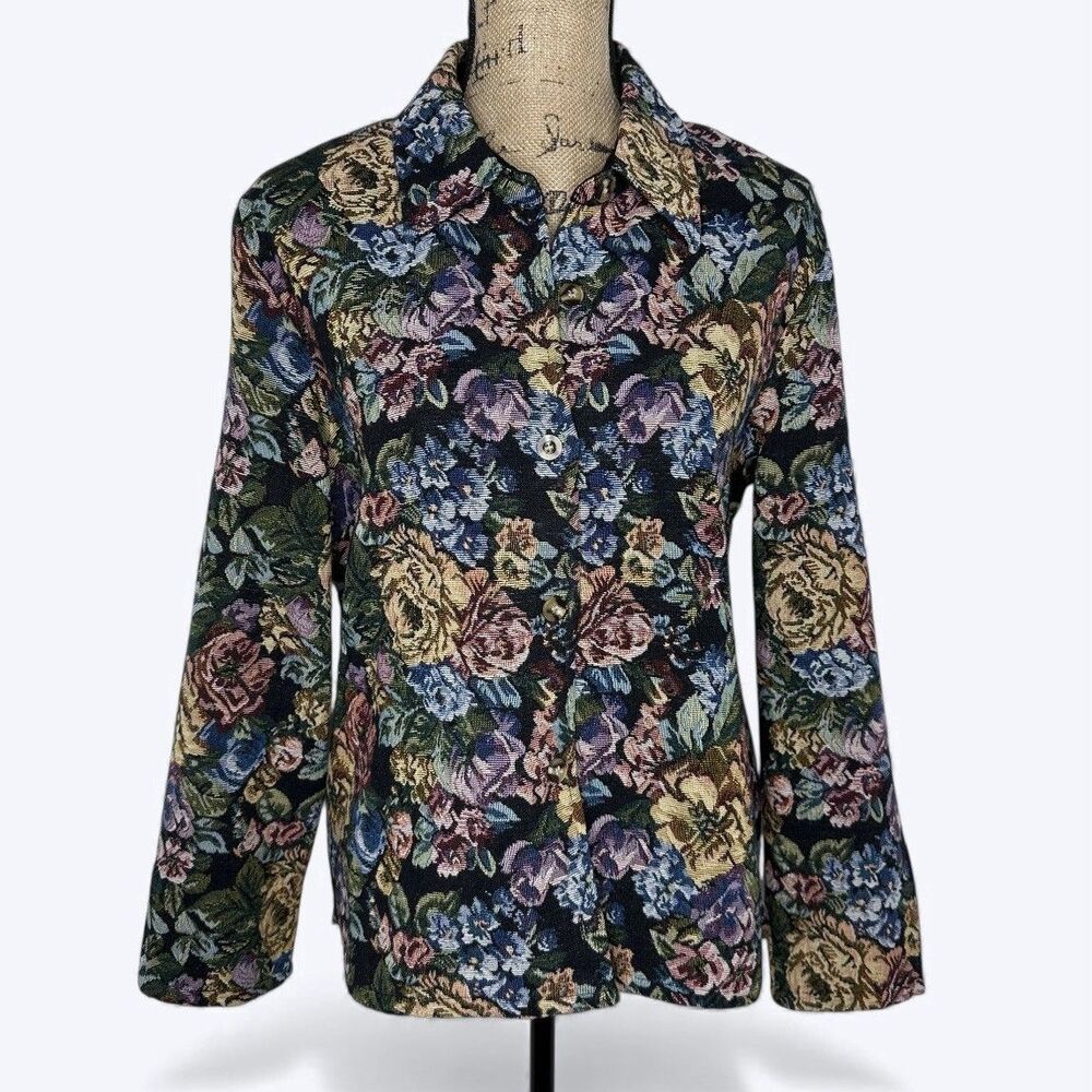 Lemon Grass Floral Tapestry Blazer Jacket Womens L Vintage 90s Cottage Grandma